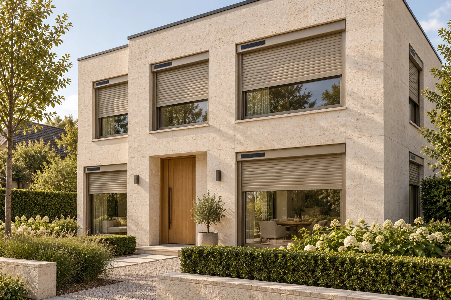 Sfeerimpressie van champagnekleurige solar rolluiken op een lichte natuurstenen woning
