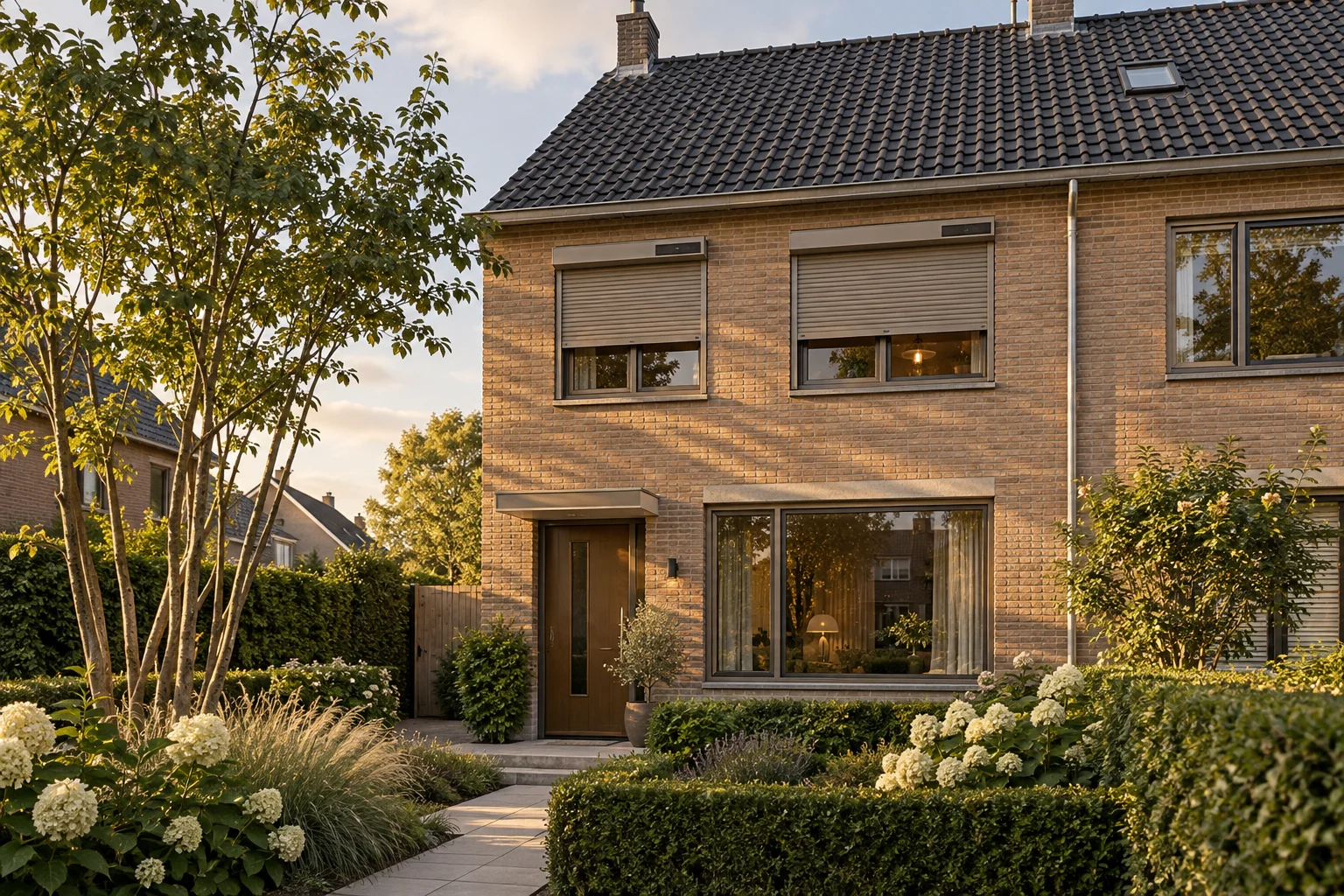Sfeerontwerp van een Nederlandse woning met bakstenen gevel, solar rolluiken en een verzorgde voortuin