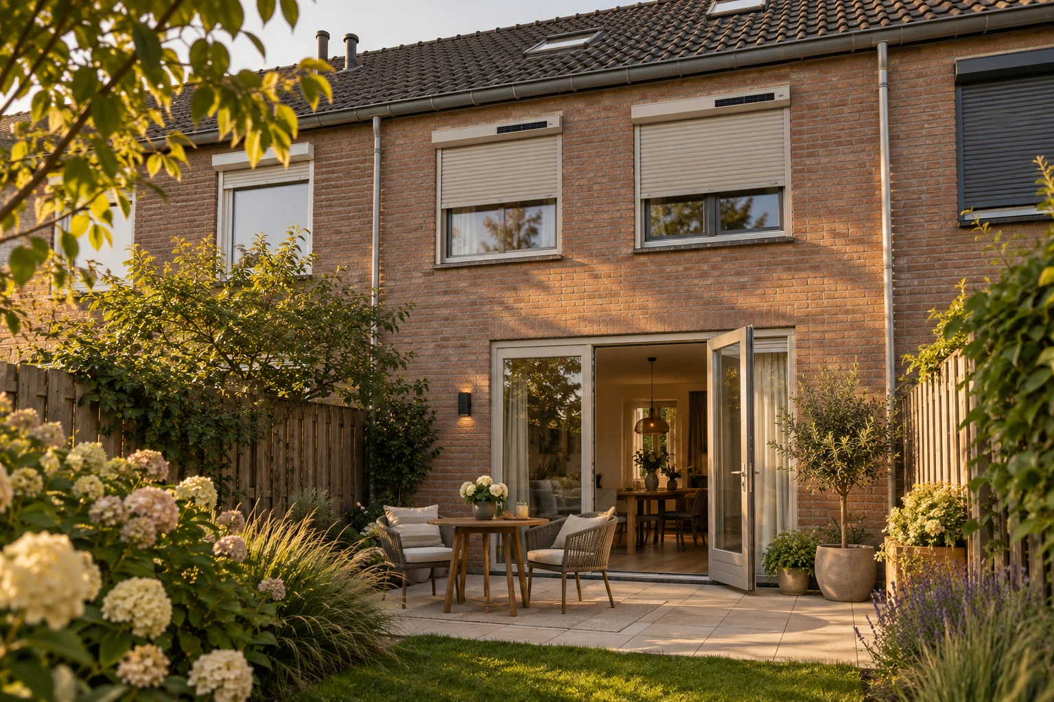 Sfeerontwerp van een Nederlandse rijwoning met rolluiken en een groene achtertuin